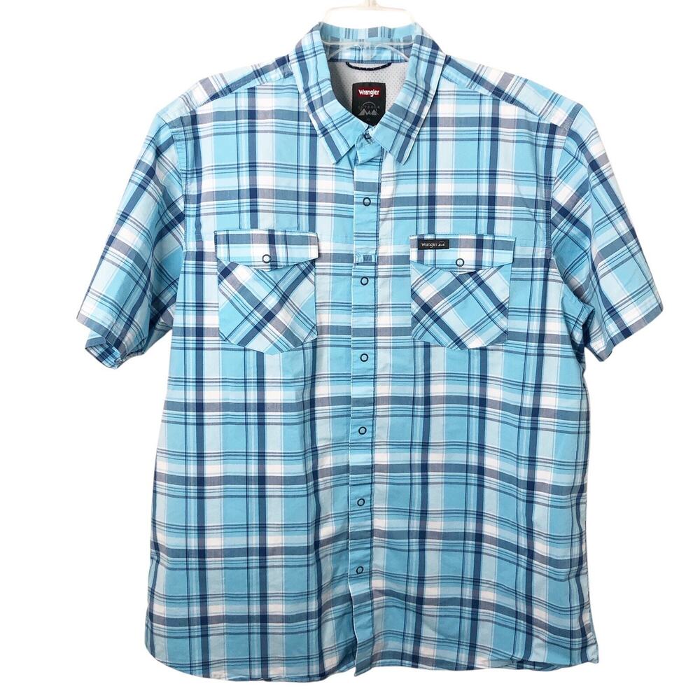 Wrangler Outdoor Men's Blue Plaid Short Sleeve Snap Front Vented Shirt Size XL